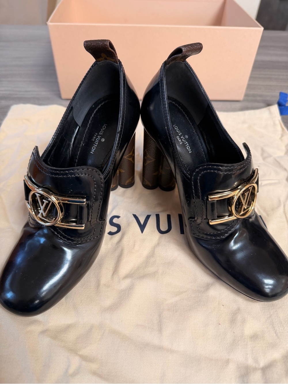 Louis Vuitton Black Patent Leather Heeled Loafers with Gold LV Hardware - Picture 4 of 14
